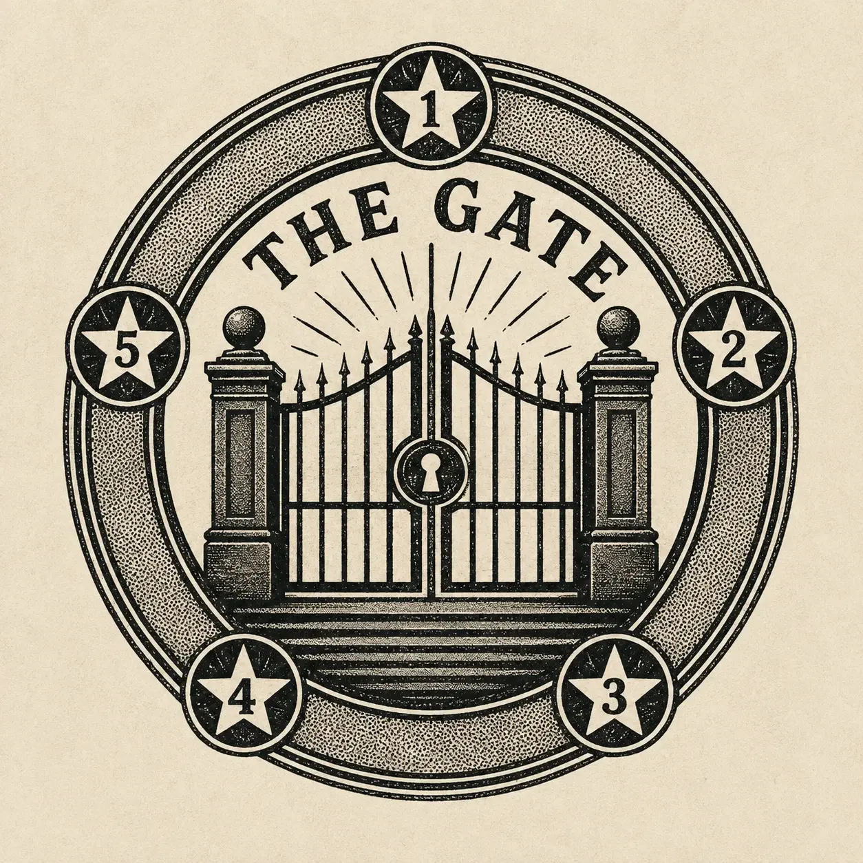 Field-guide plate: engraved gate seal ringed by five numbered stars for the five-question test