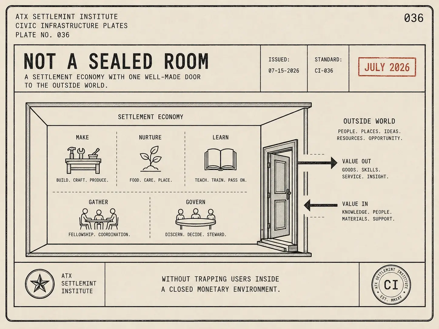 Not a sealed room — a settlement economy needs a door to the world