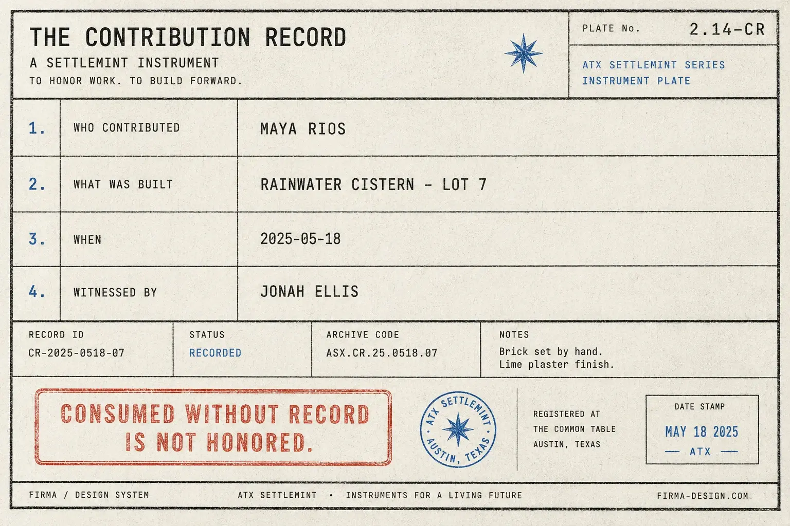 The contribution record — consumed without record is not honored