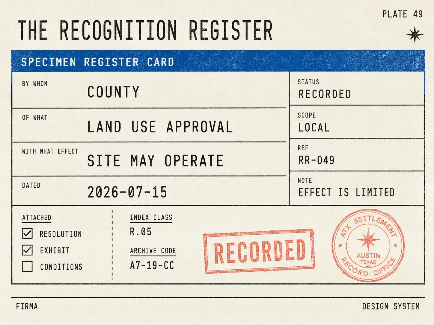 Field-guide plate: specimen register card recording a recognition entry with scope, effect, and date, stamped RECORDED