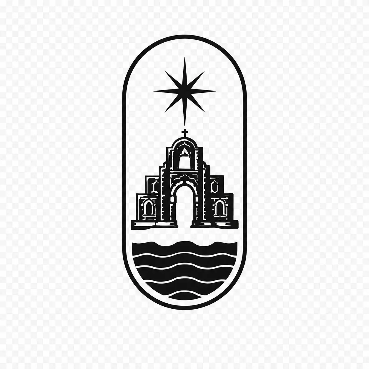 Field-guide seal: mission arch beneath the north star above living water, in a capsule cartouche
